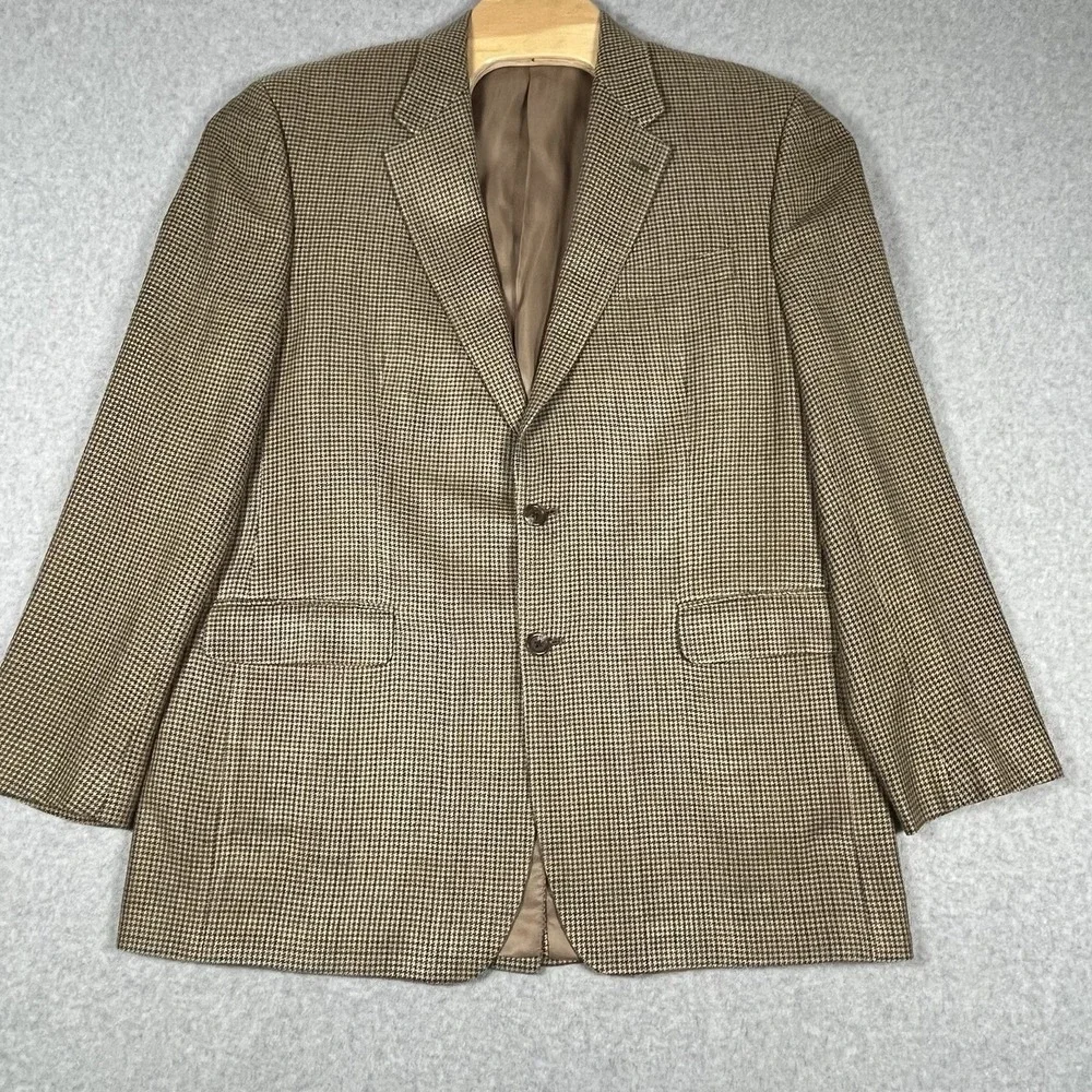 Men's Chaps Ralph Lauren 100% Silk Tan Houndstooth 2-Button 44L‎ Blazer Jacket